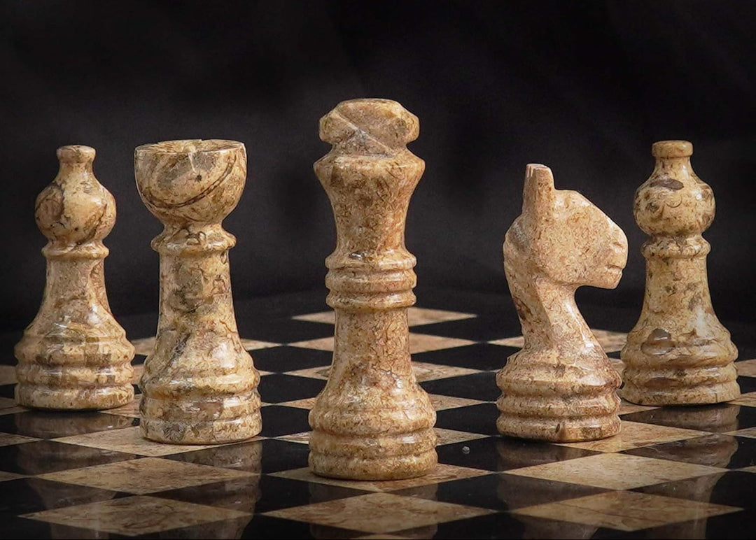 Marble chess pieces on a checkered board with promotional text for a chess store.