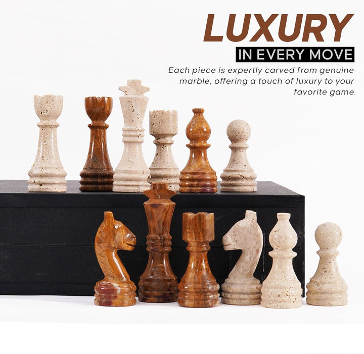 Luxury marble chess pieces on a black base with promotional text.