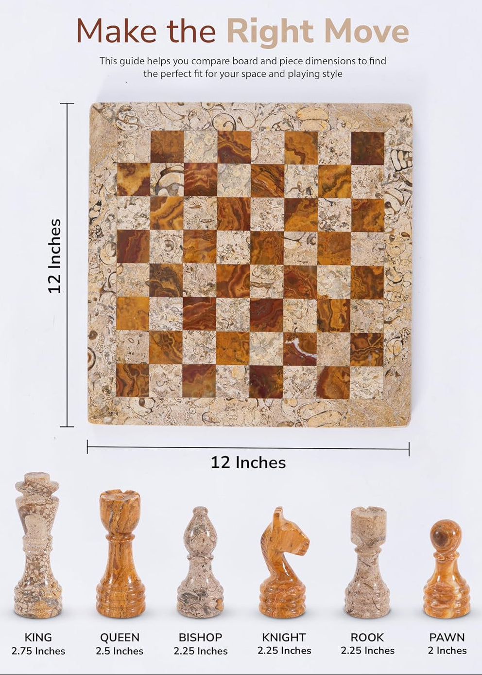marble chess board and pieces with dimensions on a white background