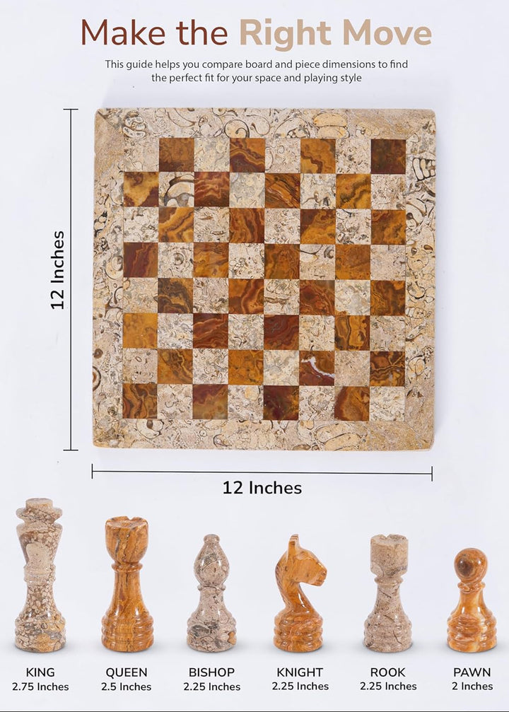 marble chess board and pieces with dimensions on a white background