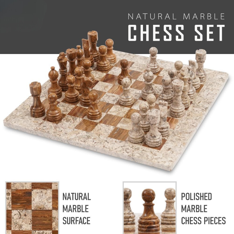 Marble Chess Set 15 Inches Fossil Coral and Dark Brown