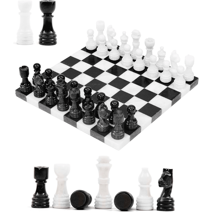 Marble Chess Set 12" Black & White with 32 Chess Pieces & 2 Extra Queens