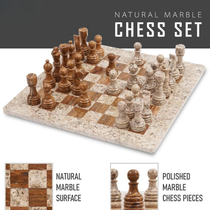 Marble Chess Set 15 Inches Fossil Coral and Dark Brown with Storagebox