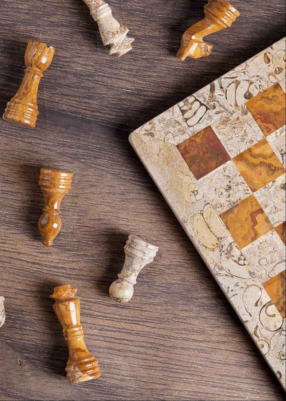 Marble Chess Set 15 Inches Fossil Coral and Dark Brown with Storagebox