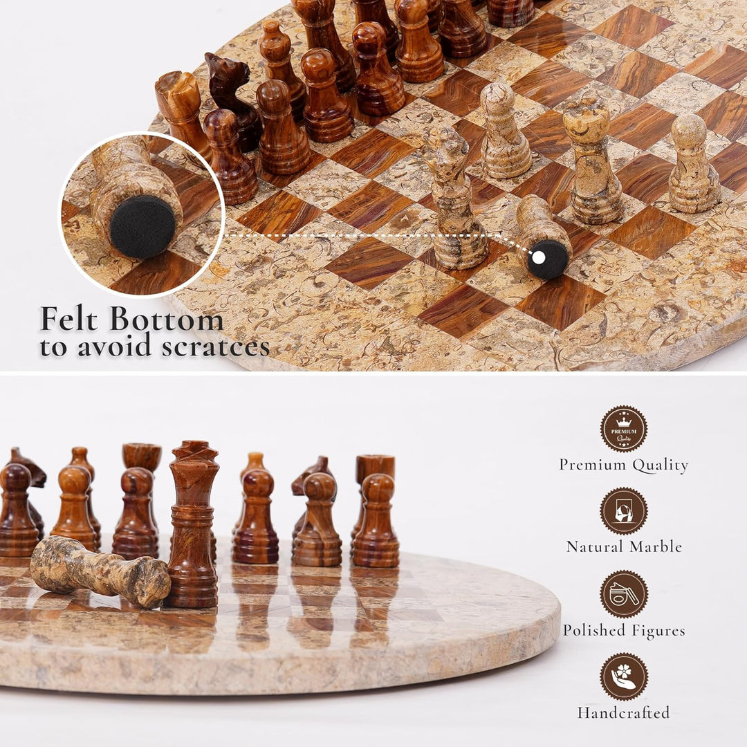 Coral-Red Marble Chess Set - 12" Circular Board, 34 Hand-Polished Pieces, Storage Box