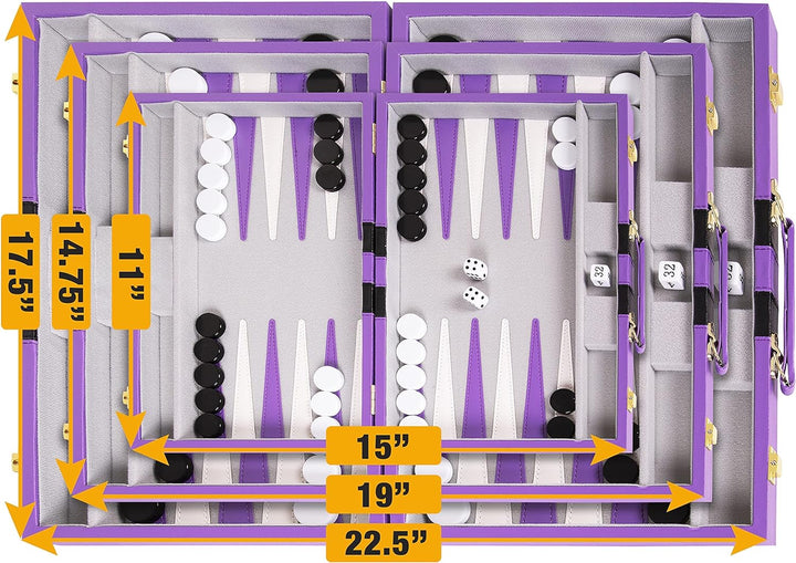 Backgammon Set - Classic Board Game in Purple for Adults and Kids with Premium Leather Case - with Strategy & Tip Guide