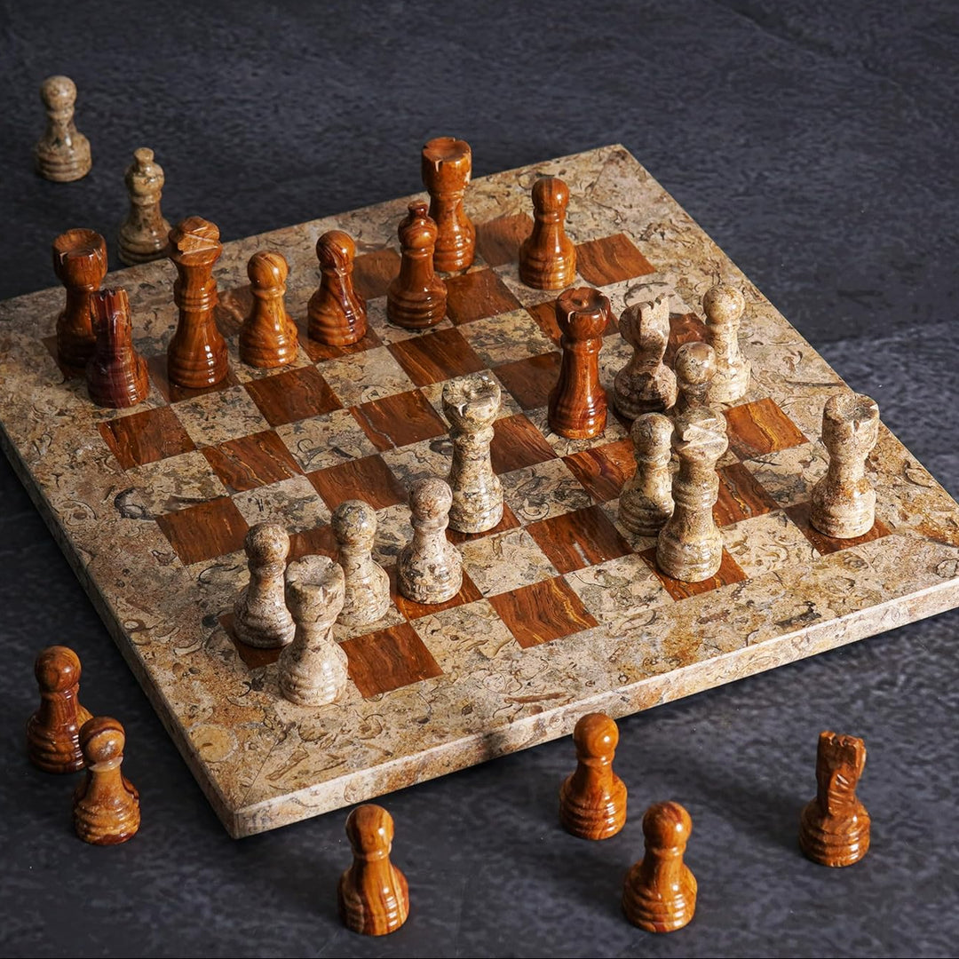Marble Chess Set 10 Inches Fossil Coral and Dark Brown with Storagebox