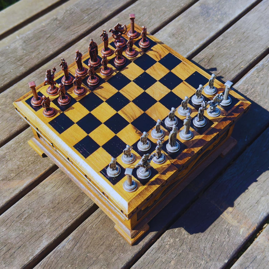 Handcrafted Chess Board and British Figure Metal Chess Pieces