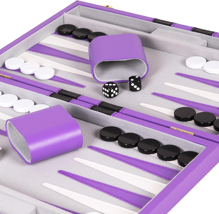 Backgammon Set - Classic Board Game in Purple for Adults and Kids with Premium Leather Case - with Strategy & Tip Guide