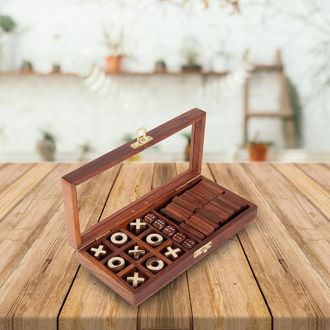 3-in-1-Gesellschaftsspielset aus Holz | 28 Dominosteine, Tic-Tac-Toe und Holzwürfel