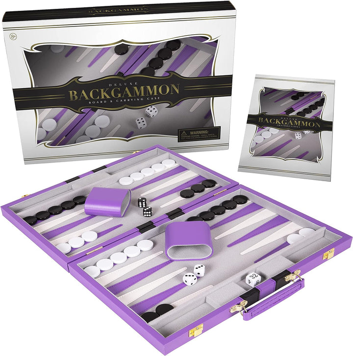 Backgammon Set - Classic Board Game in Purple for Adults and Kids with Premium Leather Case - with Strategy & Tip Guide