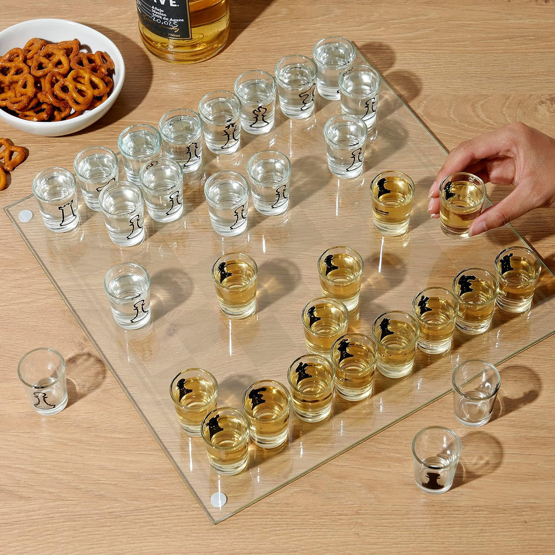 Small Shot Glass Chess Set | Drinking Cup Glass Chess Set (14")