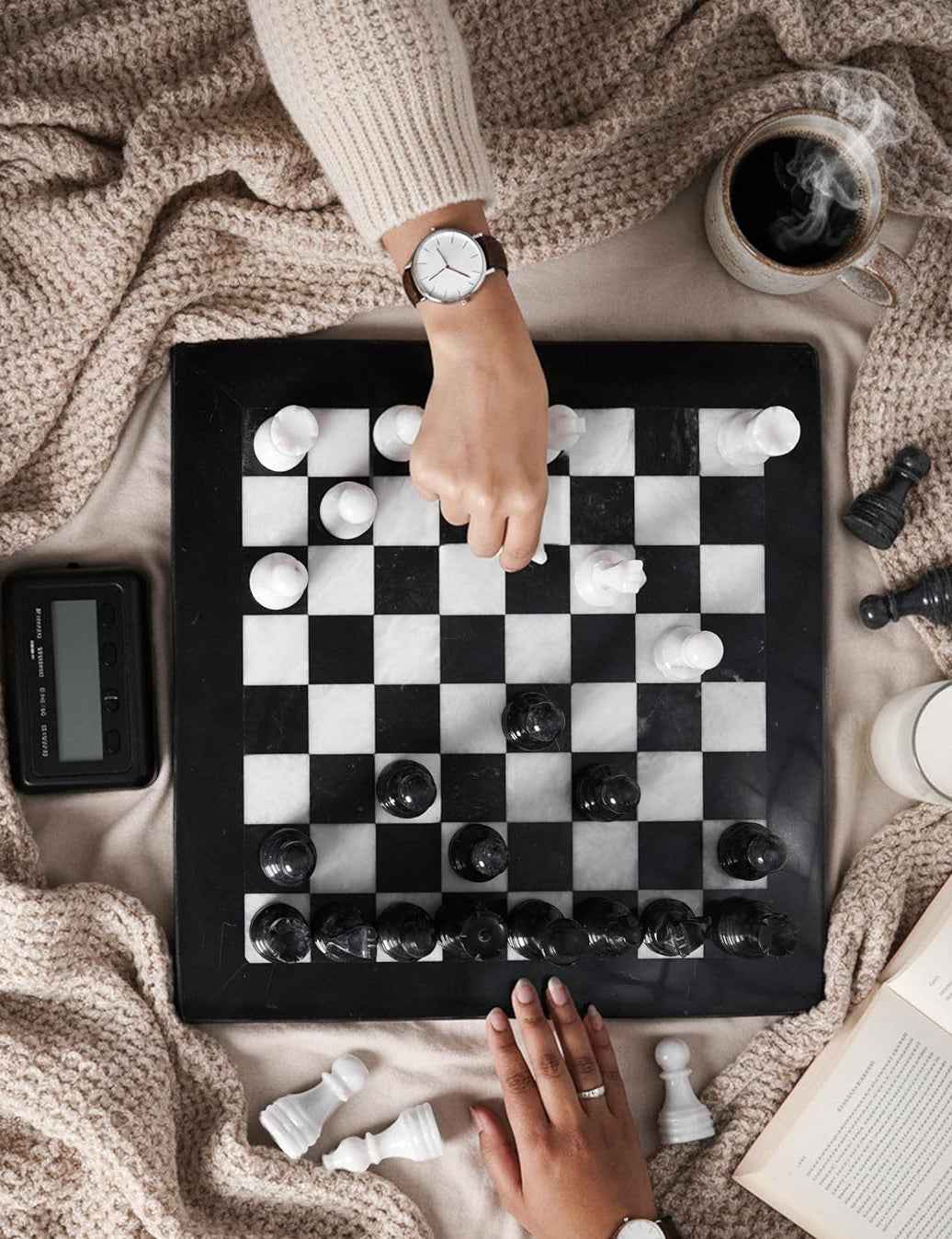 Black and White Marble Chess Set, 15" Board, 34 Hand-Polished Pieces, Storage Box