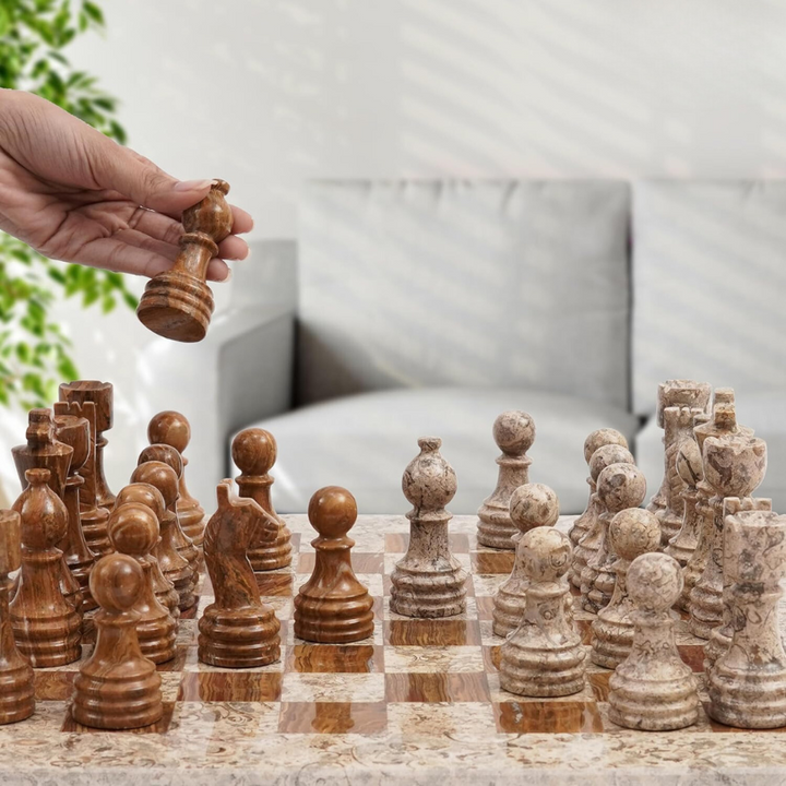 Marble Chess Set 15 Inches Fossil Coral and Dark Brown