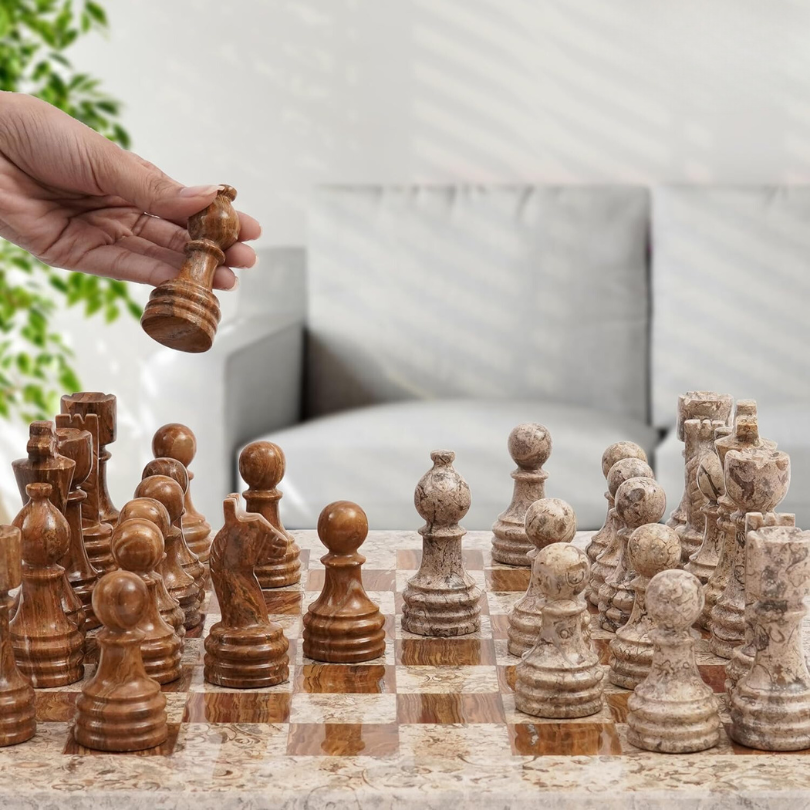 Marble Chess Set 15 Inches Fossil Coral and Dark Brown with Storagebox