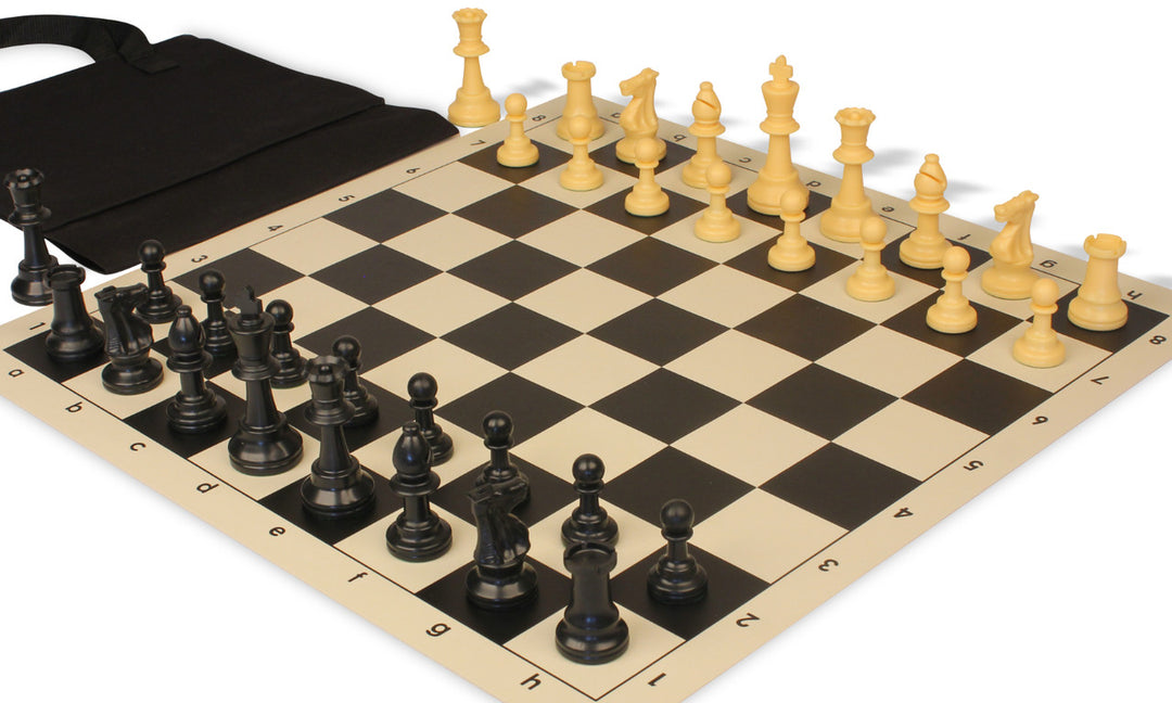 Standard Club Easy-Carry Plastic Chess Set Black & Camel Pieces with Vinyl Rollup Board - Black