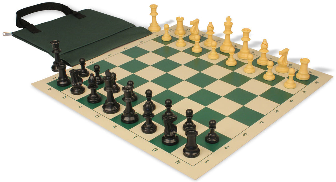 Standard Club Easy-Carry Plastic Chess Set Black & Camel Pieces with Vinyl Rollup Board - Green