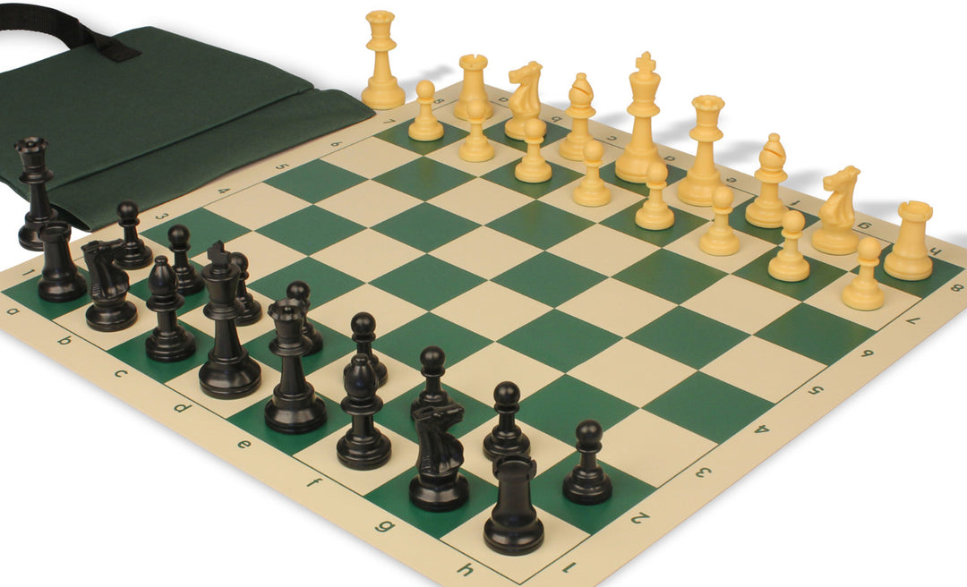 Standard Club Easy-Carry Plastic Chess Set Black & Camel Pieces with Vinyl Rollup Board - Green