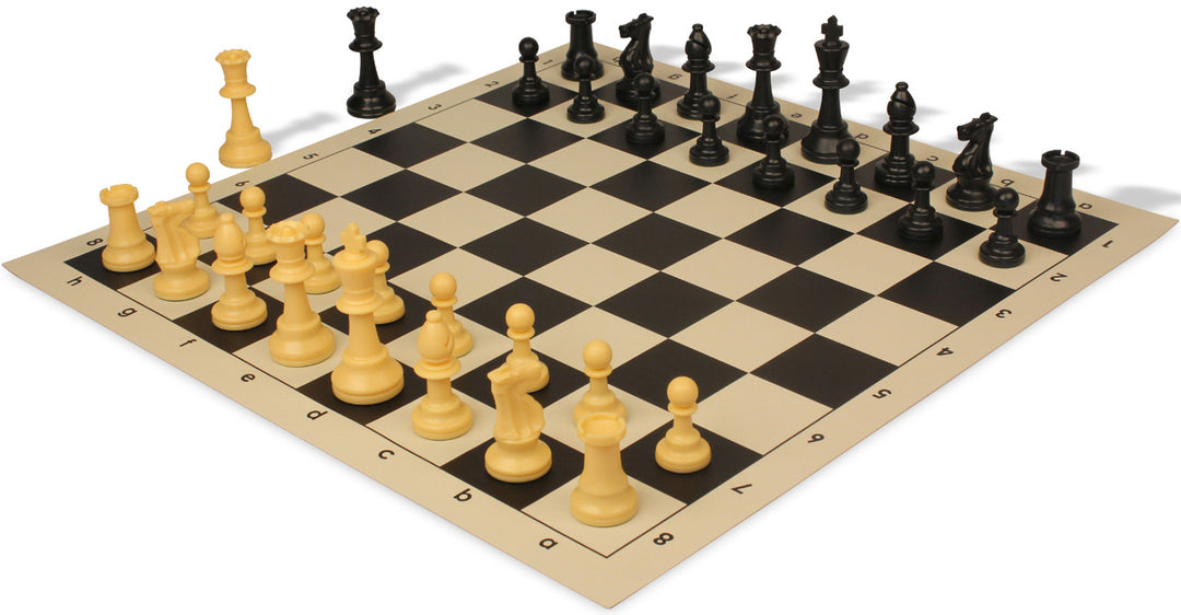 Standard Club Easy-Carry Plastic Chess Set Black & Camel Pieces with Vinyl Rollup Board - Black