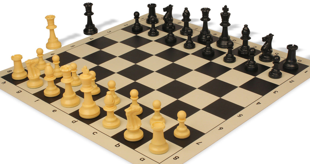 Standard Club Easy-Carry Plastic Chess Set Black & Camel Pieces with Vinyl Rollup Board - Black