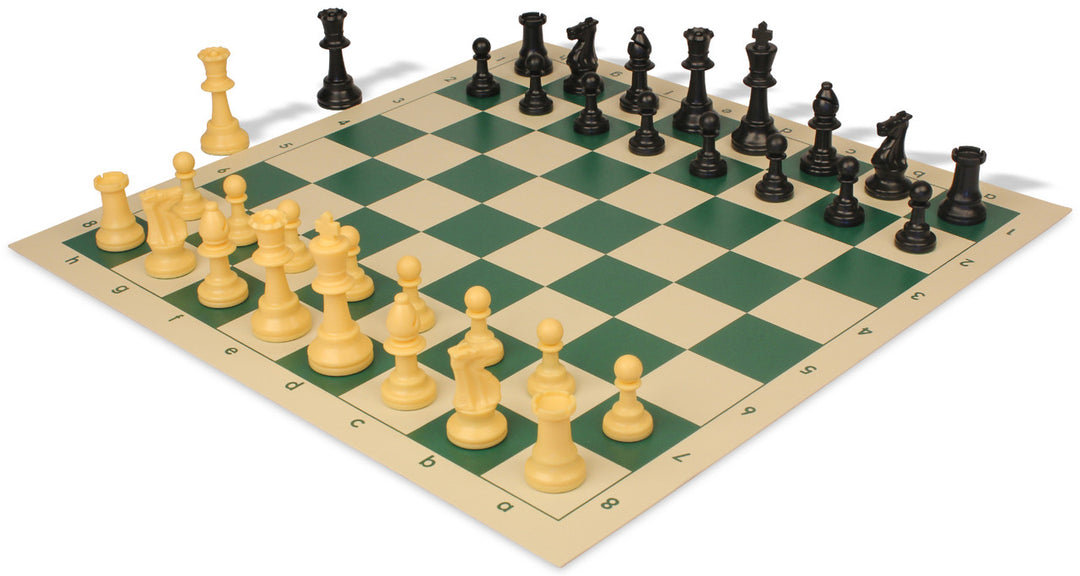 Standard Club Easy-Carry Plastic Chess Set Black & Camel Pieces with Vinyl Rollup Board - Green