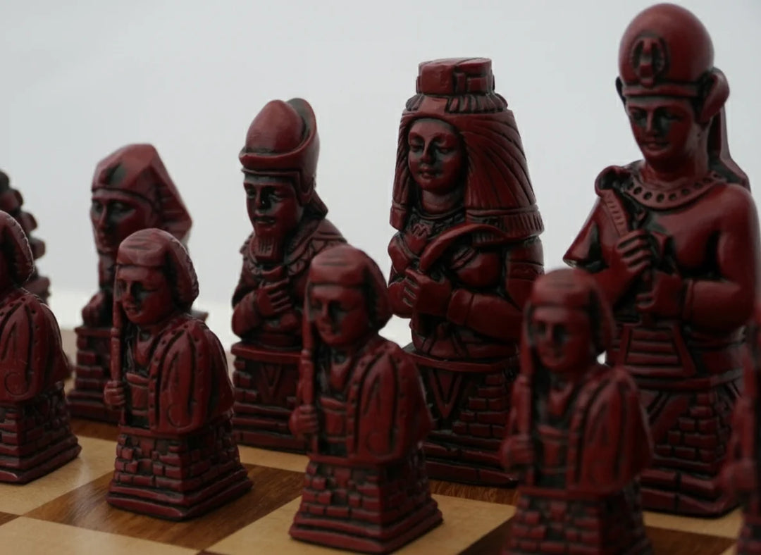 Egyptian Themed Chessmen - Berkeley's Chess Pieces - Cardinal Red - Chess'n'Boards