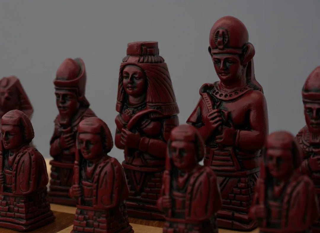 Egyptian Themed Chessmen - Berkeley's Chess Pieces - Cardinal Red - Chess'n'Boards