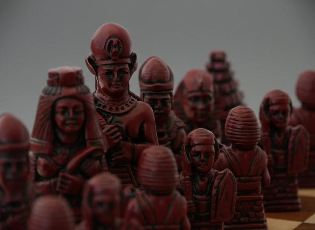 Egyptian Themed Chessmen - Berkeley's Chess Pieces - Cardinal Red - Chess'n'Boards
