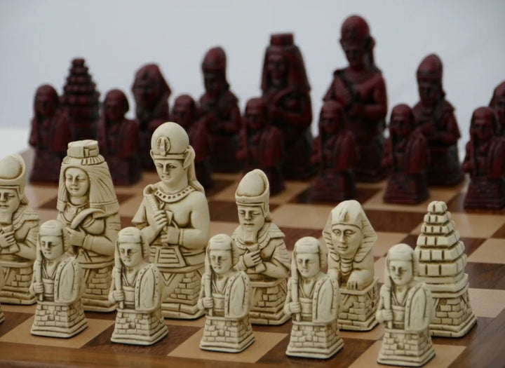 Egyptian Themed Chessmen - Berkeley's Chess Pieces - Cardinal Red - Chess'n'Boards