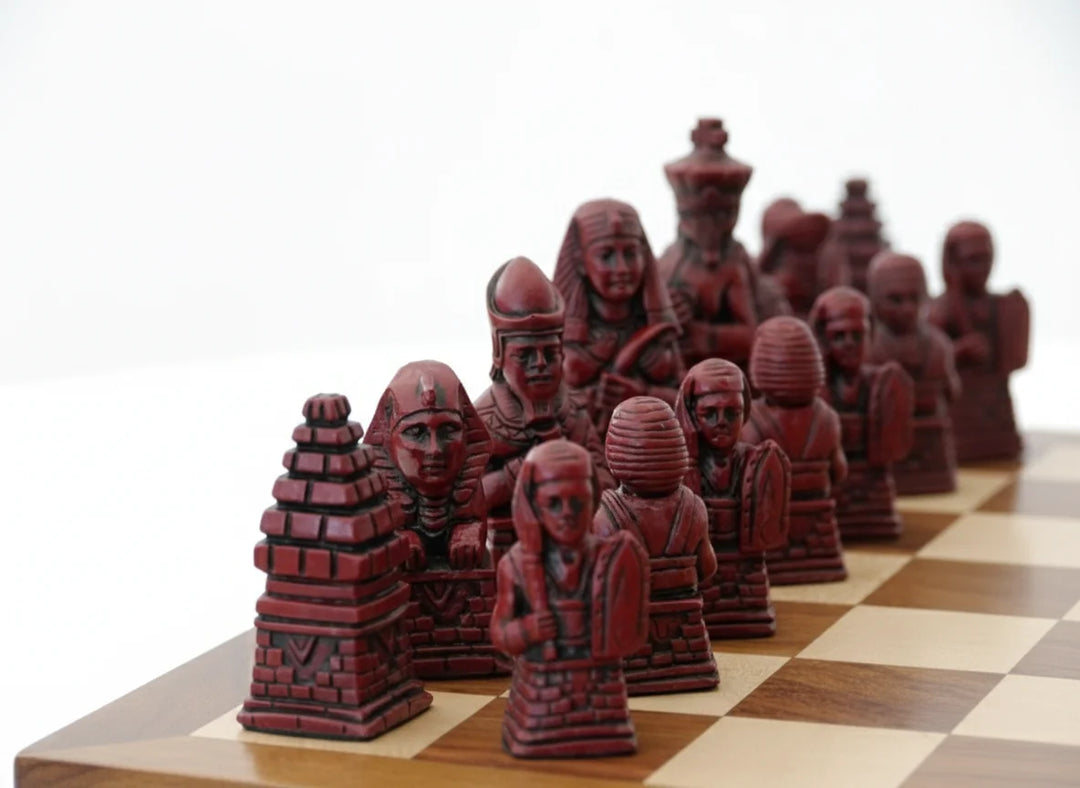 Egyptian Themed Chessmen - Berkeley's Chess Pieces - Cardinal Red - Chess'n'Boards