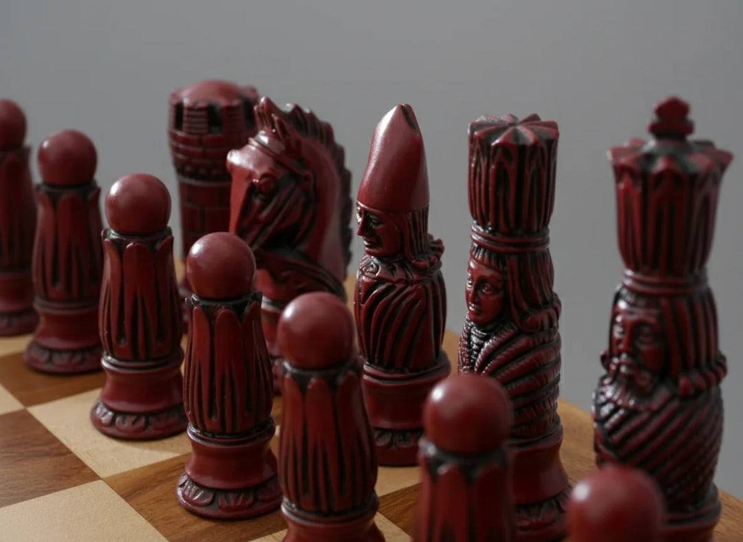 Victorian Chess Pieces- Berkeley's Themed Chessmen- Cardinal Red - Chess'n'Boards