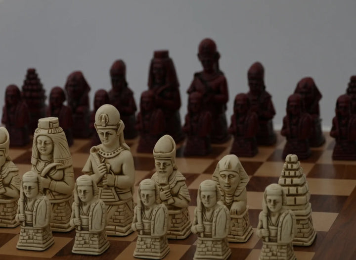 Egyptian Themed Chessmen - Berkeley's Chess Pieces - Cardinal Red - Chess'n'Boards