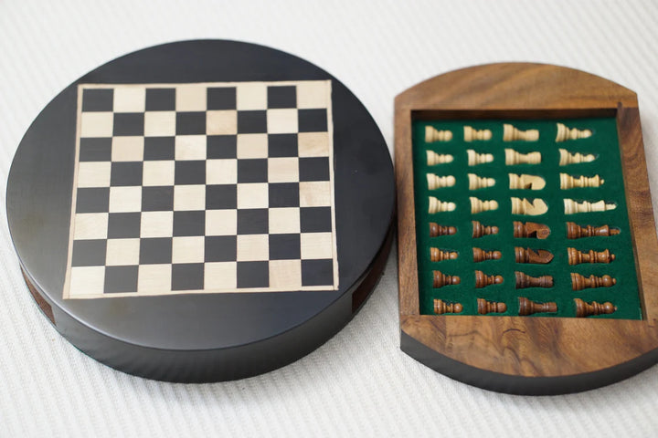 Échiquier et boîte en ébène à tiroir rond magnétique Dia 9 "avec chevalier allemand, pièces d'échecs Staunton