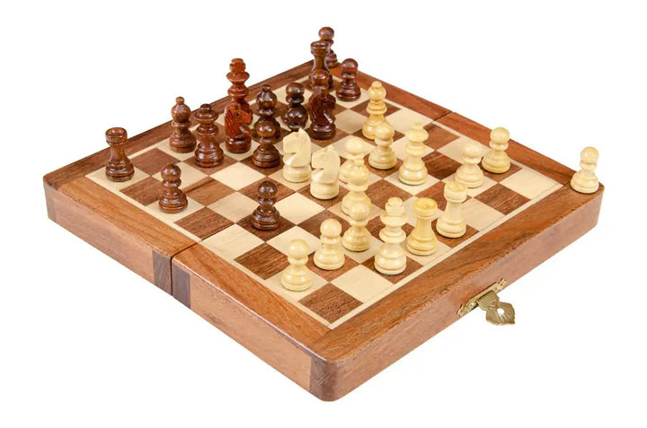 Jeu d'échecs magnétique série voyage, jeu d'échecs portable pliable en sheesham et buis fait à la main | Échecs pour les enfants