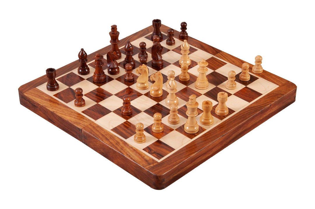 Jeu d'échecs de voyage magnétique pliable de 10 pouces en bois de rose doré