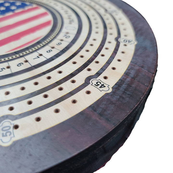 10" Round Shape 3 Track Wooden Continuous Cribbage Board Push Drawer and Score Marking Fields - Chess'n'Boards