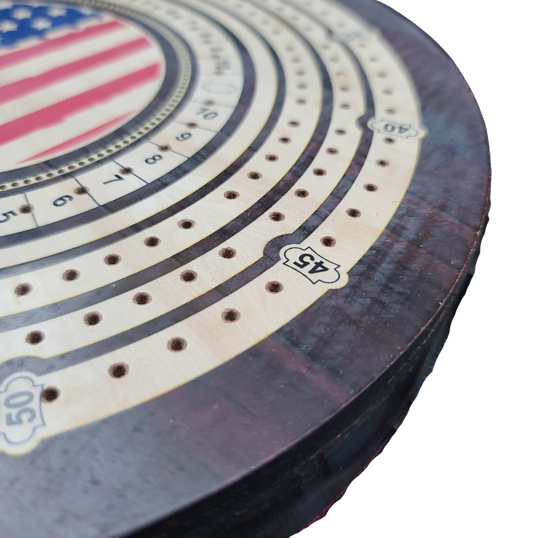 10" Round Shape 3 Track Wooden Continuous Cribbage Board Push Drawer and Score Marking Fields - Chess'n'Boards