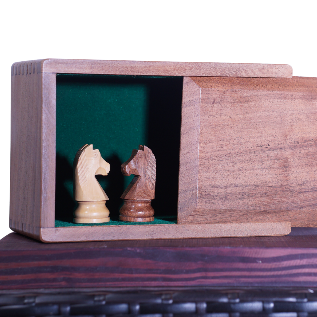 Tournament Chess Storage Box with German Knight Staunton Series Chess Pieces - Chess'n'Boards
