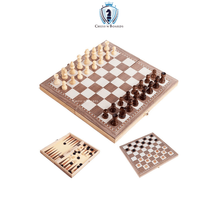 3-in-1 Multifunctional Wooden Chess Set Travel Games Chess Checkers Draughts and Backgammon Set - Chess'n'Boards