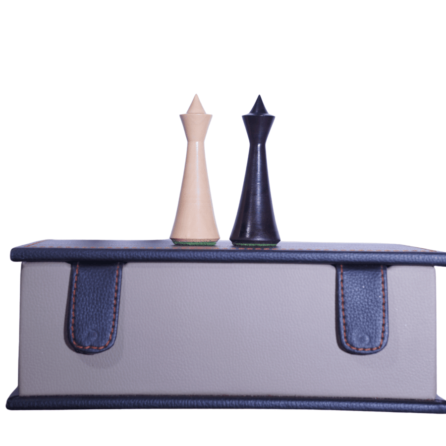 Fawn Leatherette Book Style Chess Box with Hermann Ohme Chess Pieces Leatherette - Chess'n'Boards