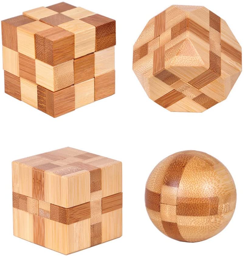 4 Pack Wooden Puzzle Games Brain Teasers Toy- 3D Puzzles - Chess'n'Boards