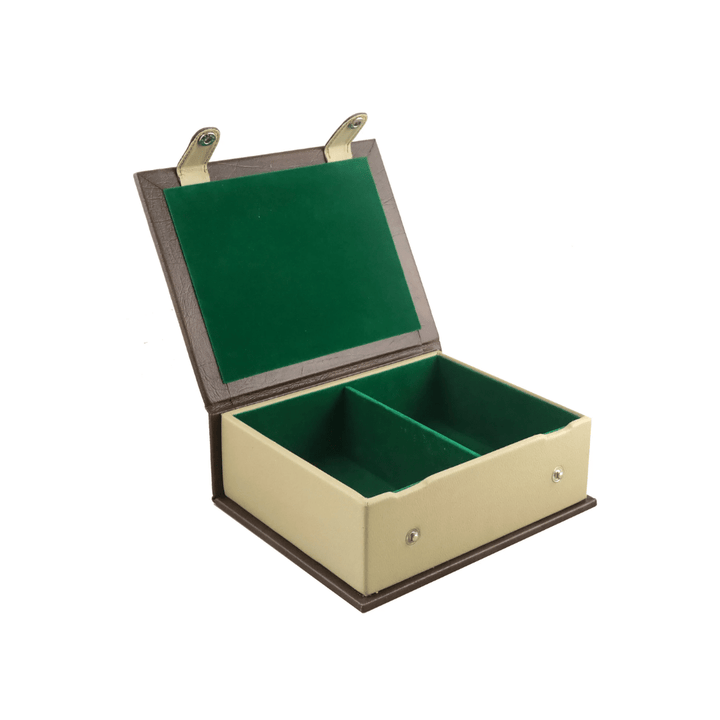 Fawn Leatherette Book Style Chess Box with Hermann Ohme Chess Pieces Leatherette - Chess'n'Boards