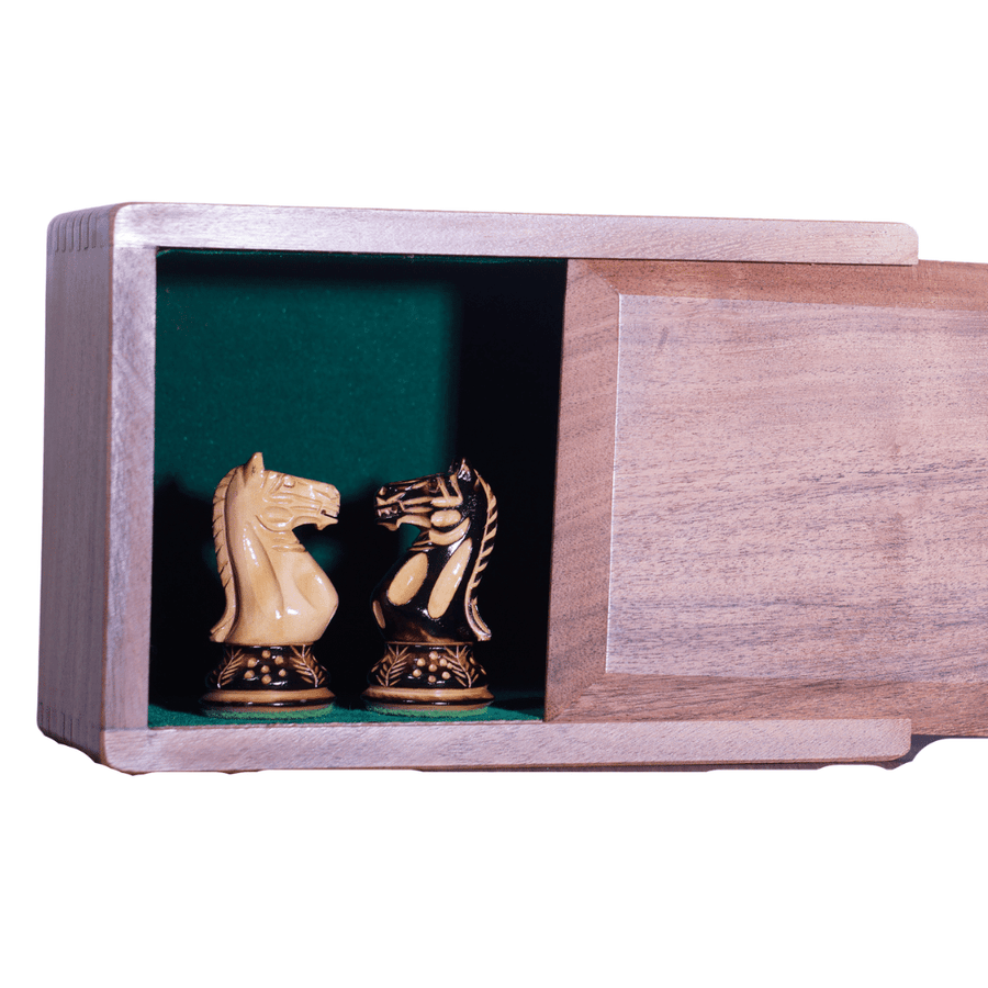 Tournament Chess Storage Box with Burnt British Staunton Series Chess Pieces - Chess'n'Boards