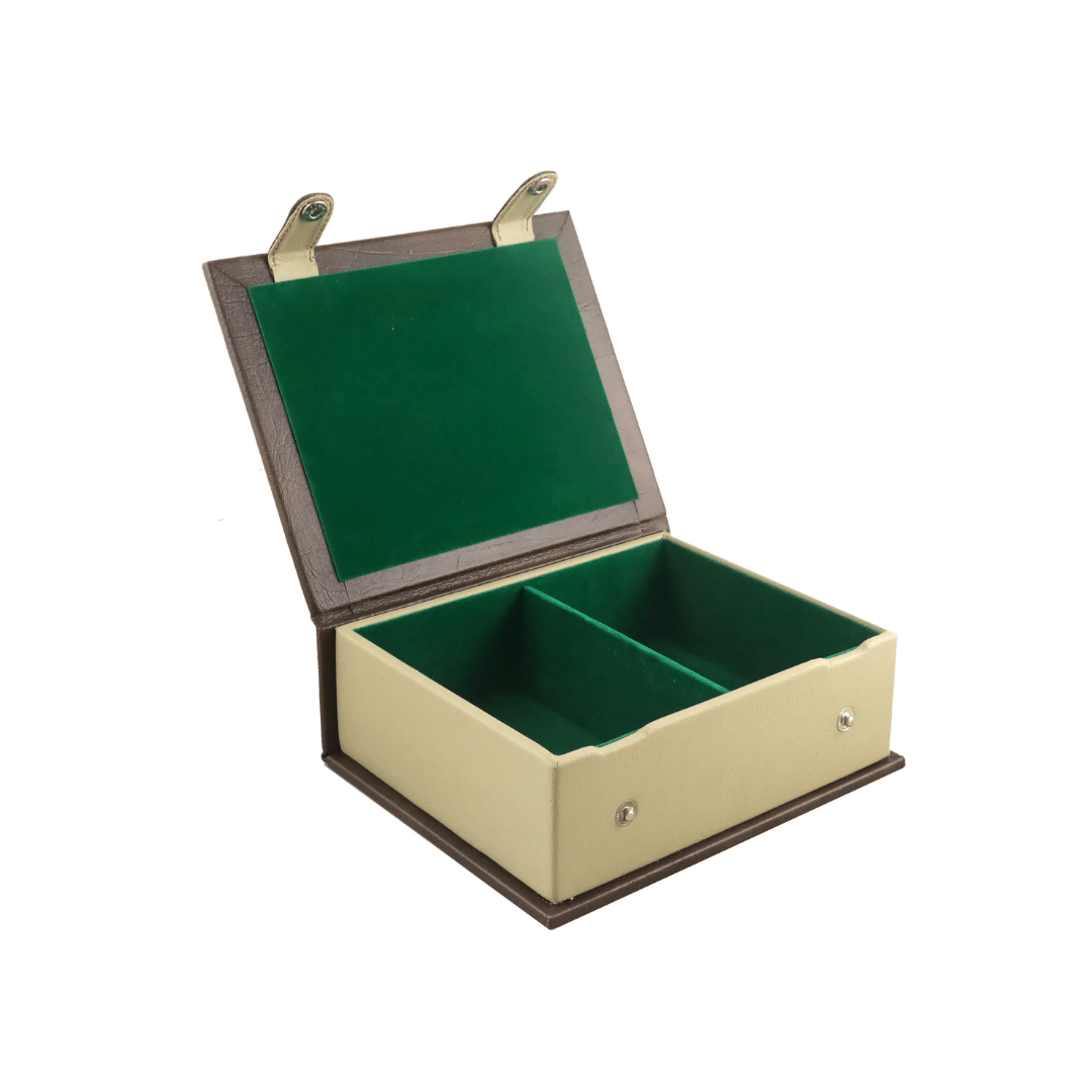 Fawn Leatherette Book Style Chess Box with MInimalist Chess Pieces Leatherette - Chess'n'Boards