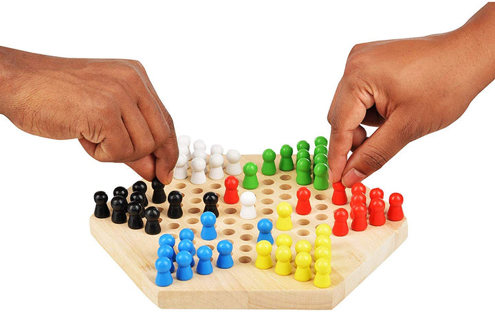 Traditional Hexagon wooden family game set, chinese checkers board with wooden Pegs - Chess'n'Boards