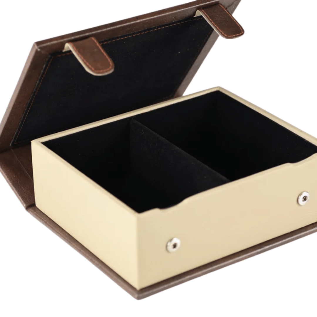 Fawn Leatherette Book Style Chess Box with MInimalist Chess Pieces Leatherette - Chess'n'Boards