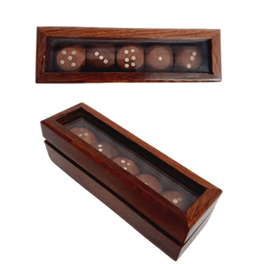 Wooden Dice Box | Handcrafted Box and 5 Dice Set Paperweight Dice Puzzles - Chess'n'Boards