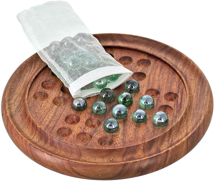 Oakwood Made Marble Solitaire Boards 9 inch - Glass Marbles Included - Chess'n'Boards
