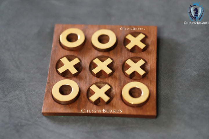 Brass Inlaid Tic Tak Toe Board Game 4.5 x 4.5" | Table Top Noughts and Crosses - Chess'n'Boards