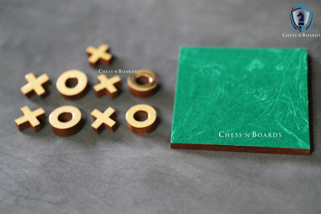 Brass Inlaid Tic Tak Toe Board Game 4.5 x 4.5" | Table Top Noughts and Crosses - Chess'n'Boards